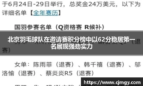 北京羽毛球队在邀请赛积分榜中以62分稳居第一名展现强劲实力